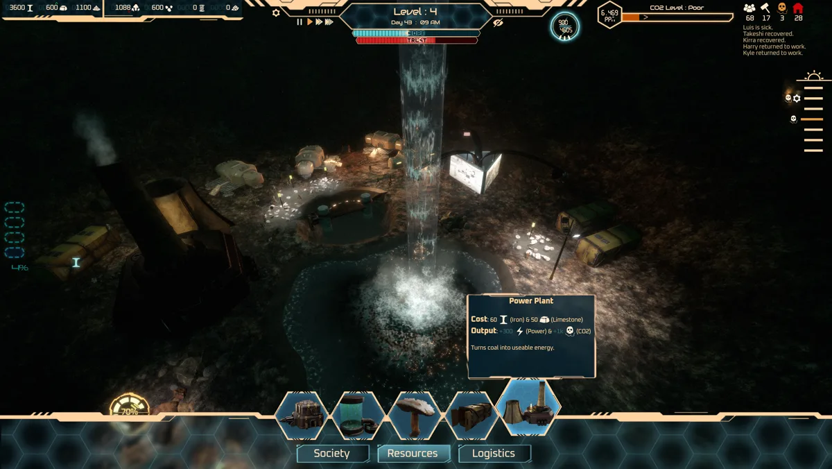An underground waterfall pouring into the colony, with the power plant tooltip open