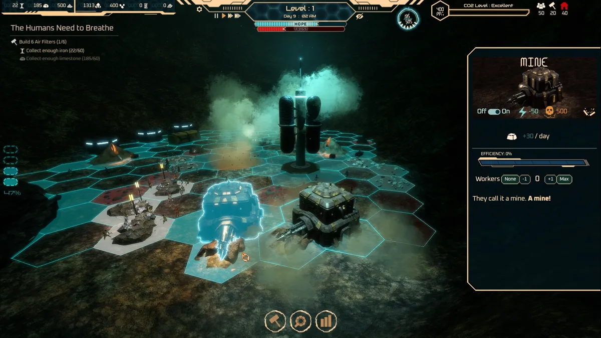 Placing a mine on the hex grid, with the building panel open
