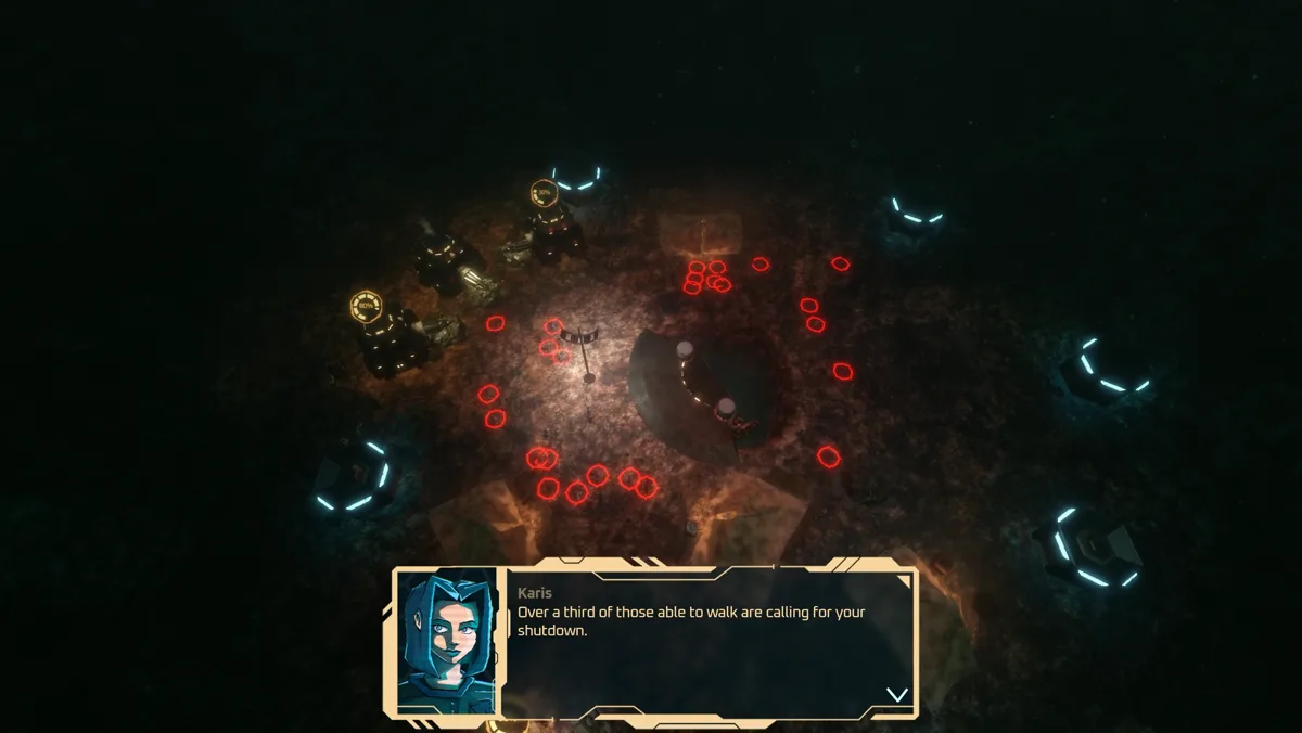 Citizens marked in red gather in the dark as Karis warns that a third of them want Minerva shut down