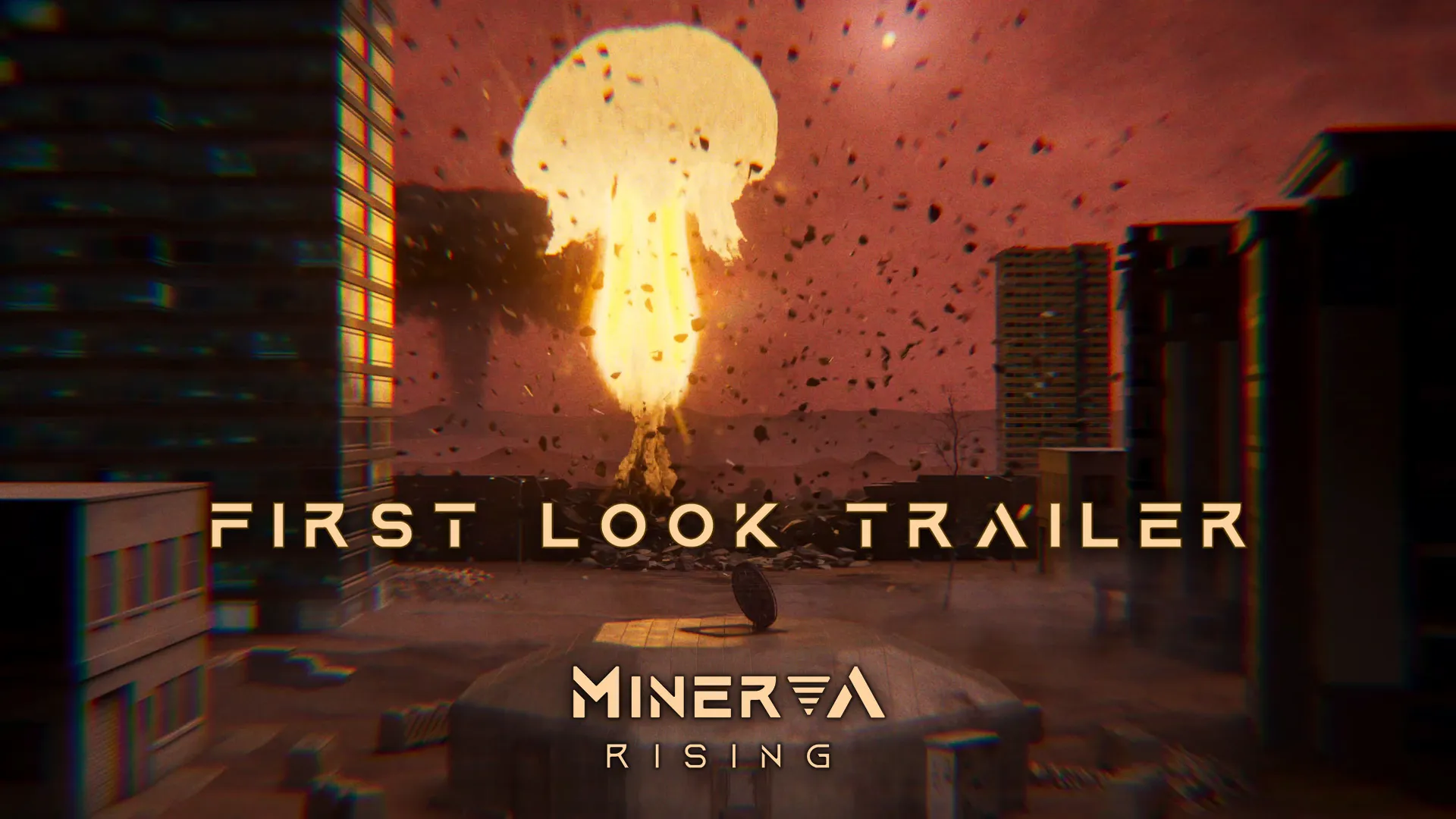 Minerva Rising first look trailer cover: a mushroom cloud rising over a ruined city