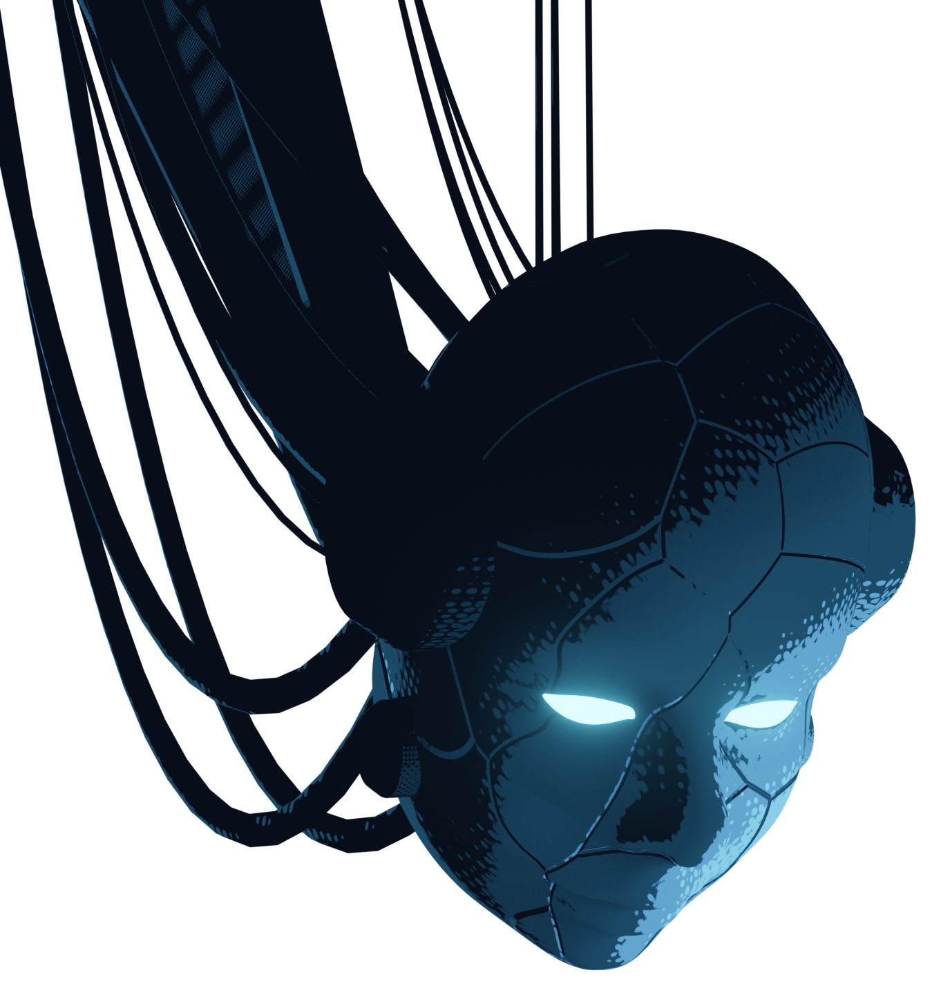 Minerva, the underground AI: a cracked android face with glowing cyan eyes, cables trailing above her